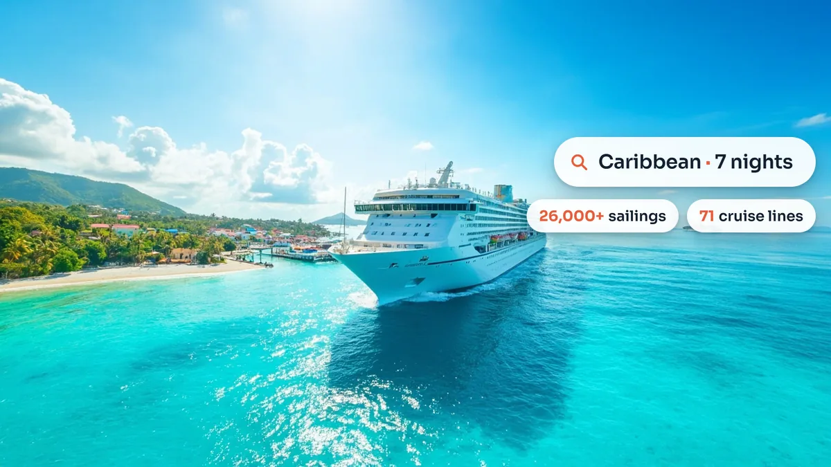 A cruise ship in turquoise water beside a tropical island, with a cruise search for the Caribbean