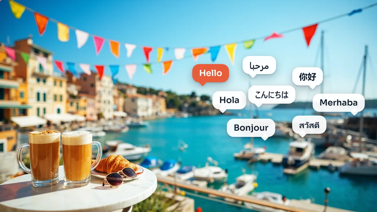 A sunny harbour cafe with greetings in many languages: Hello, Hola, Bonjour, Arabic, Chinese, Japanese, Turkish and Thai